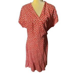 Old Navy Wrap‎ Dress Women's 12 Tall Linen Blend  Red Floral Cottagecore prairie